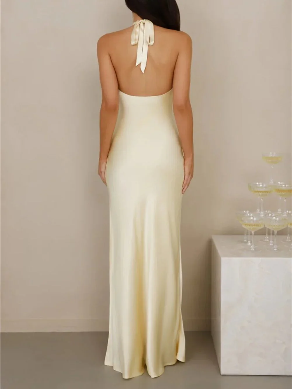 The Delilah Satin Halter Maxi Dress - Butter Yellow - Hello Molly - Picture 6 of 12